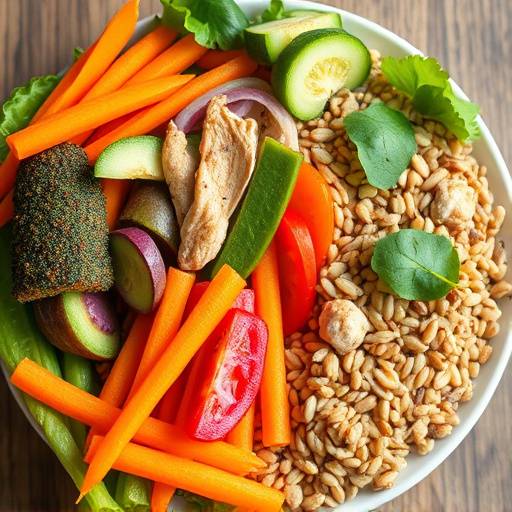 A colorful and diverse plate of food showing a balanced meal with vegetables, protein, and grains