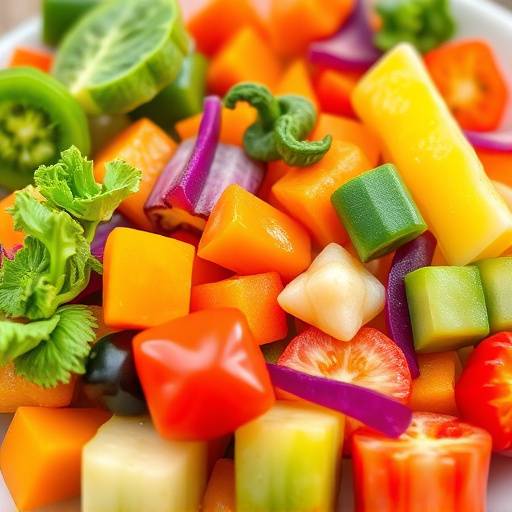 Close-up of a colorful plate of fruits and vegetables, emphasizing healthy eating.