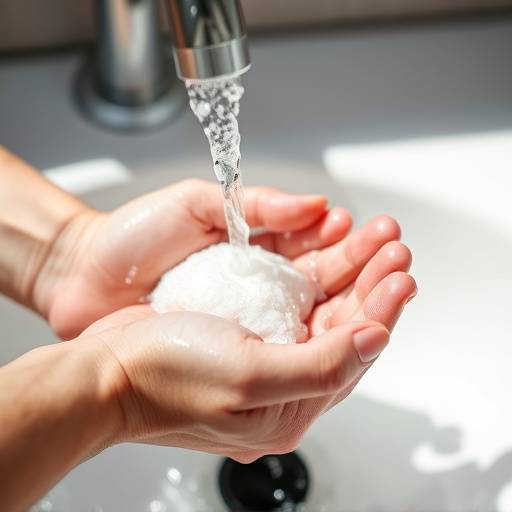 Close-up of hands being washed with soap under running water in a sink