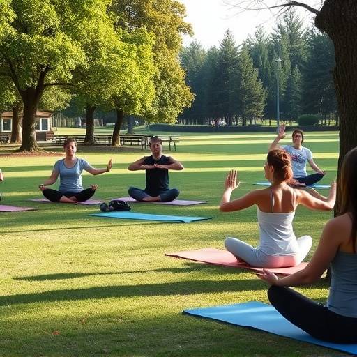 People practicing yoga in a park setting, demonstrating mindfulness
